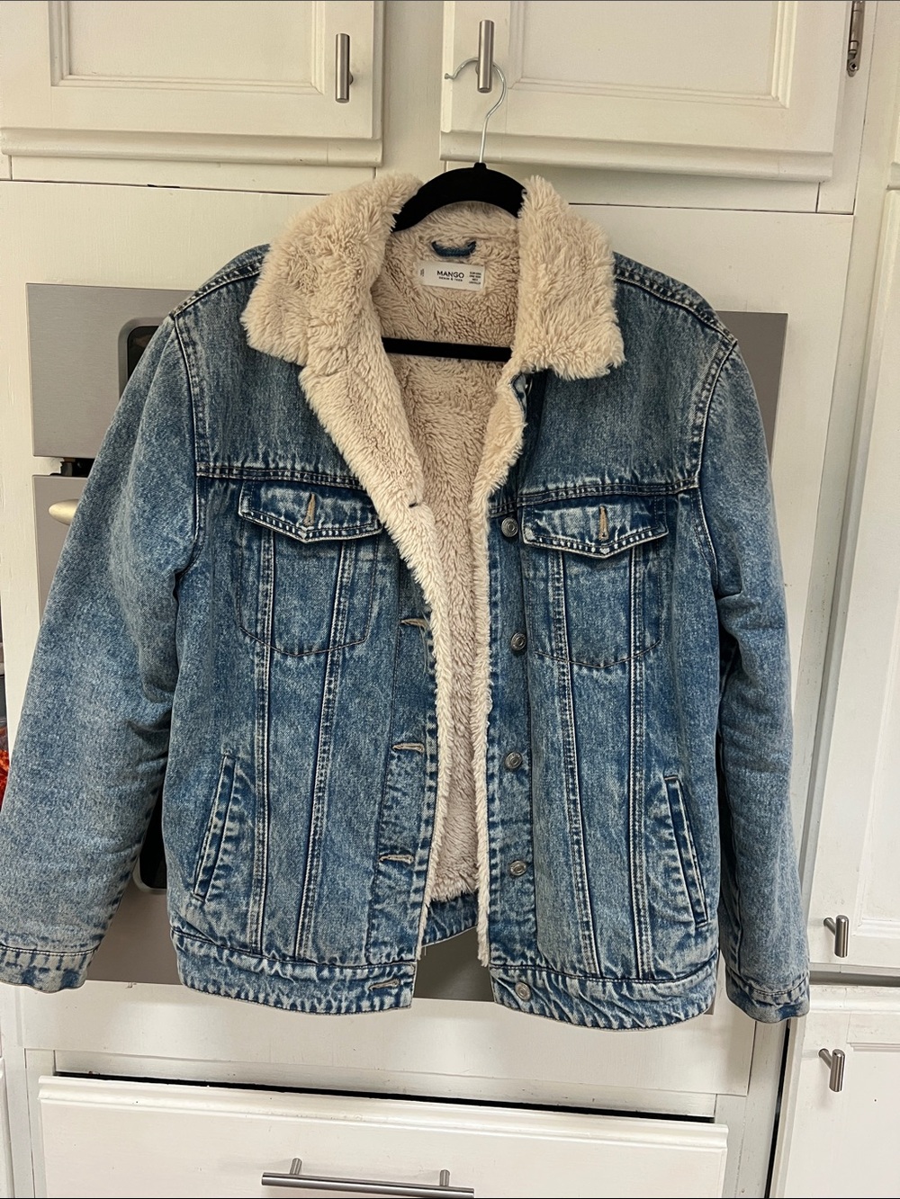 Mango Blue Denim Bomber Jacket with Cream Sherpa Lining
